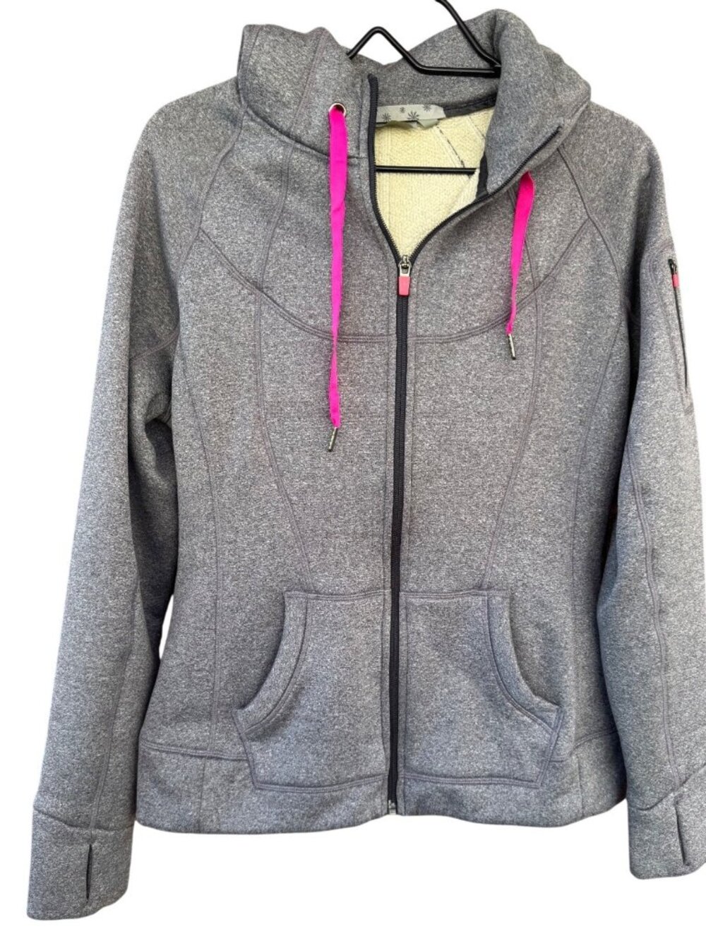 Athleta Womens Sz Large Gray Full-Zip Hoodie Pink Drawstrings Cozy Fleece-Lined